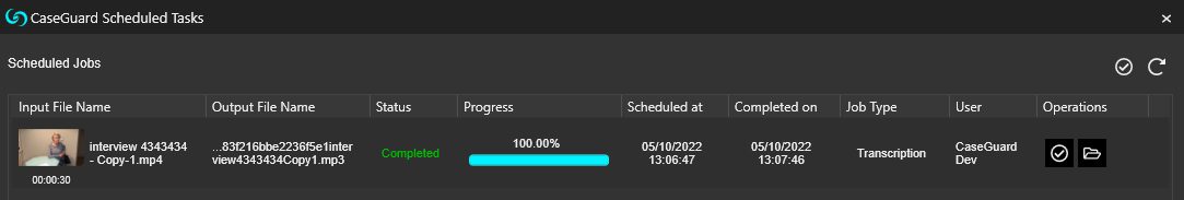Pop-up window showing scheduled tasks list on CaseGuard Studio