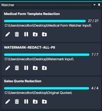 The Watcher Panel Progress Bar Shows The Status Of The Document Redaction Process.