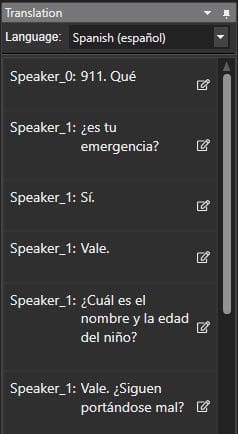 caseguard-spanish-translation-speaker1 | CaseGuard Transcription & Translation Panel demonstrating English to Spanish Translation on CaseGuard Studio