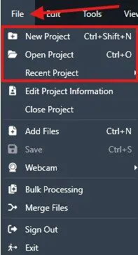 File-Tab-in-CGS-e1781401751791 | CaseGuard File menu open with New Project, Open Project, and Recent Project options highlighted.