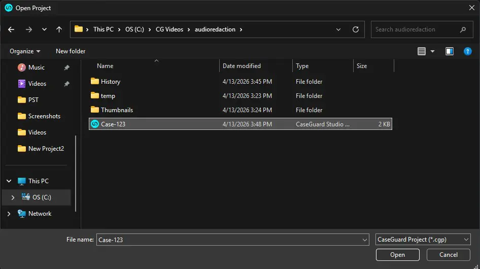 open-cgp | CaseGuard Open Project dialog showing a Case-Guard project file named Case-123 selected in the audioreredaction folder path OS (C:) > CG Videos > audioreredaction; file type CaseGuard Studio, 2 KB size.
