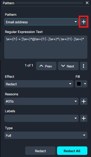 Pattern editor for redacting emails: 'Email address' selected with add button; regex field and Redact options visible.