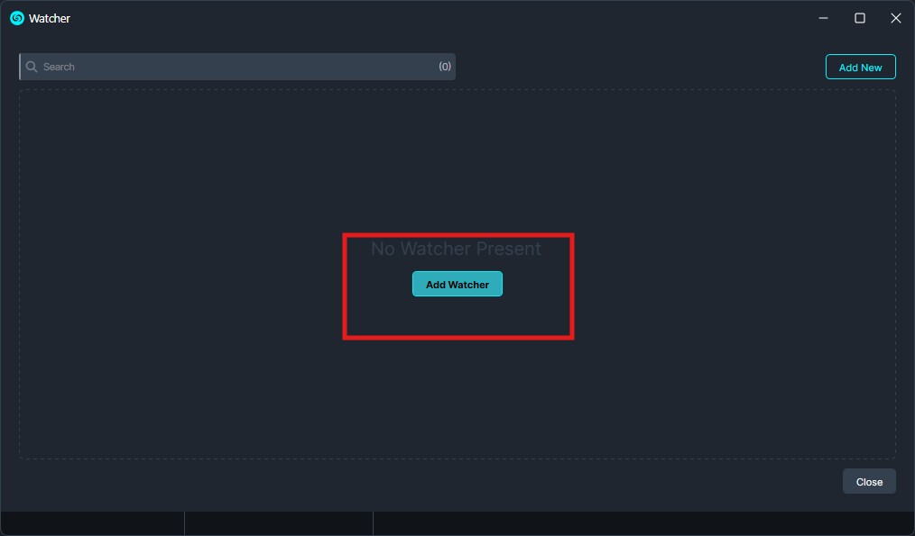 Add-watcher | CaseGuard Watcher app window in dark theme showing no watchers; center message reads'No Watcher Present' with a cyan 'Add Watcher' button inside the dashed container.
