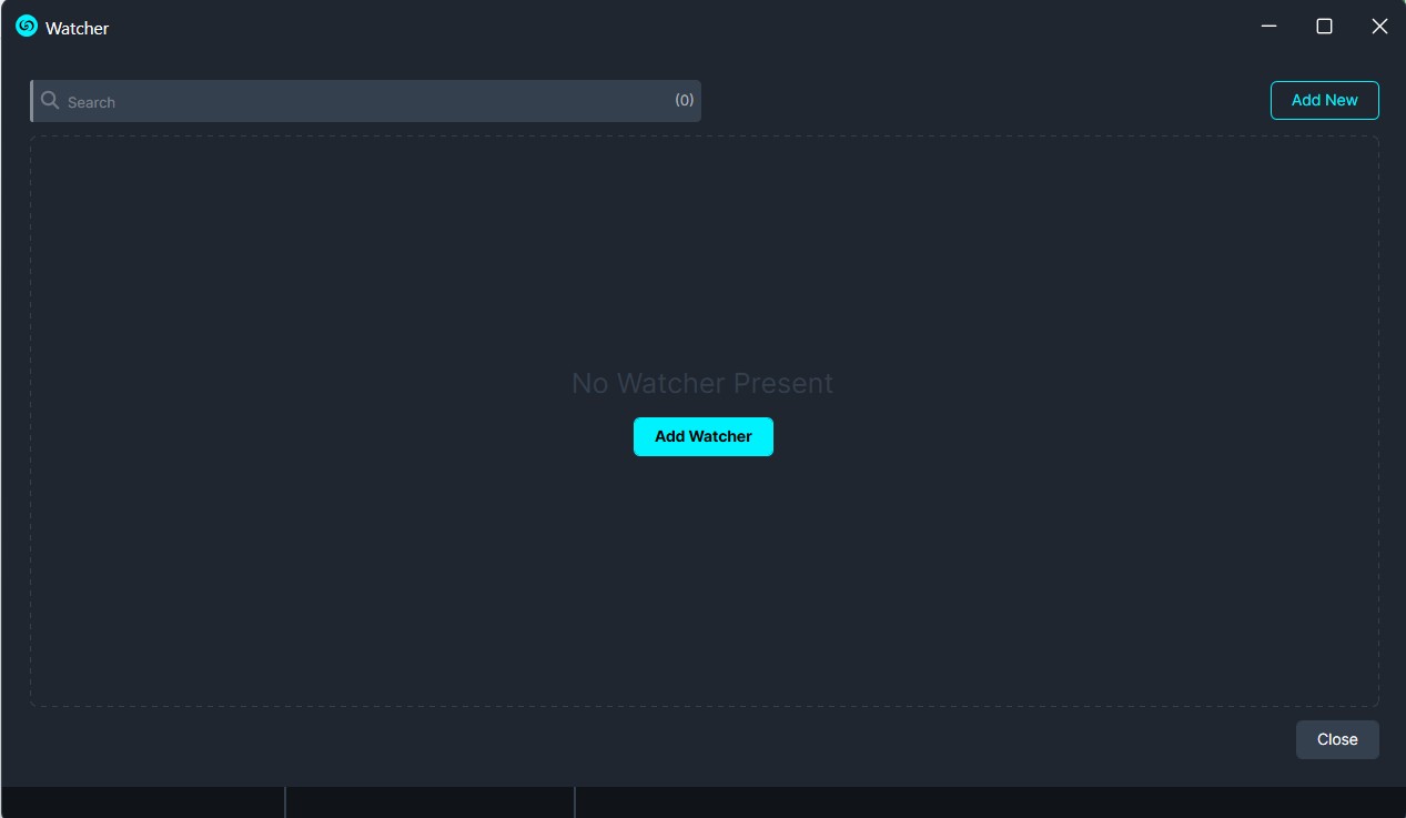 Add-watcher | CaseGuard Watcher app dashboard showing no watchers; large empty panel with a centered "Add Watcher" button and a top search bar.