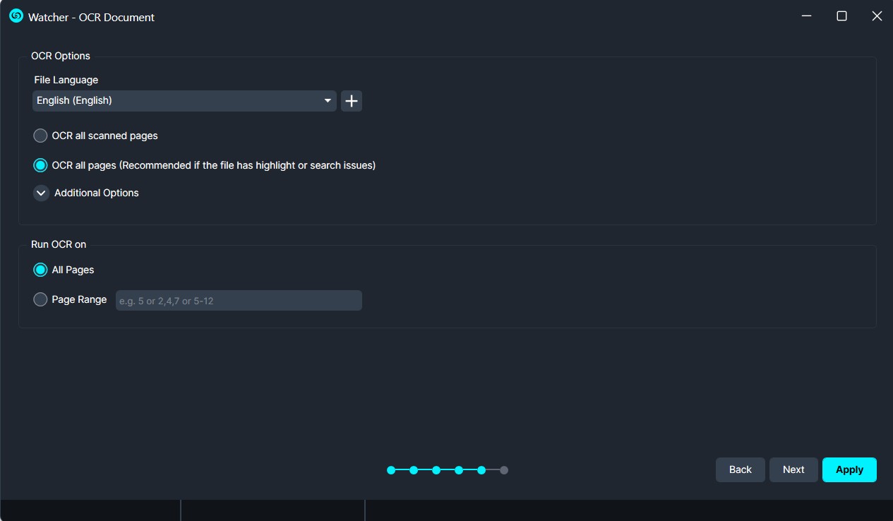 OCR-Settings | CaseGuard Screenshot of OCR options: language set to English, with all pages selected and an All Pages run option active, Apply button on the bottom right.