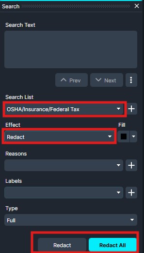 Screenshot of a dark redact tool UI: Search Text area, dropdowns for Search List (OSHA/Insurance/Federal Tax) and Effect (Redact), plus Redact and Redact All buttons.
