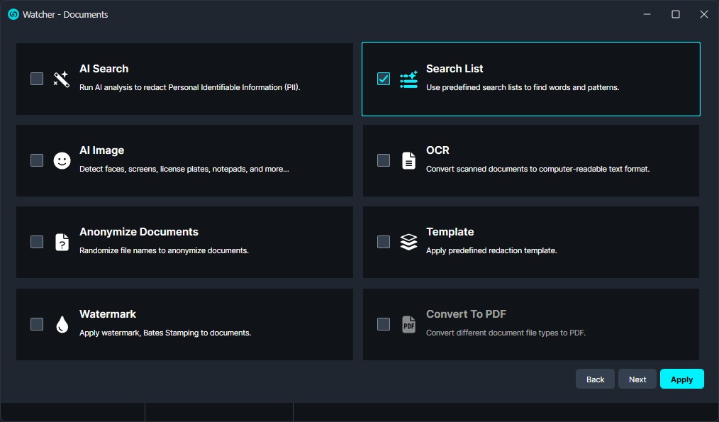 Search-list | CaseGuard Dashboard of a document tool showing selectable features: AI Search, Search List (highlighted), AI Image, OCR, Anonymize Documents, Template, Watermark, and Convert To PDF. Apply button active.