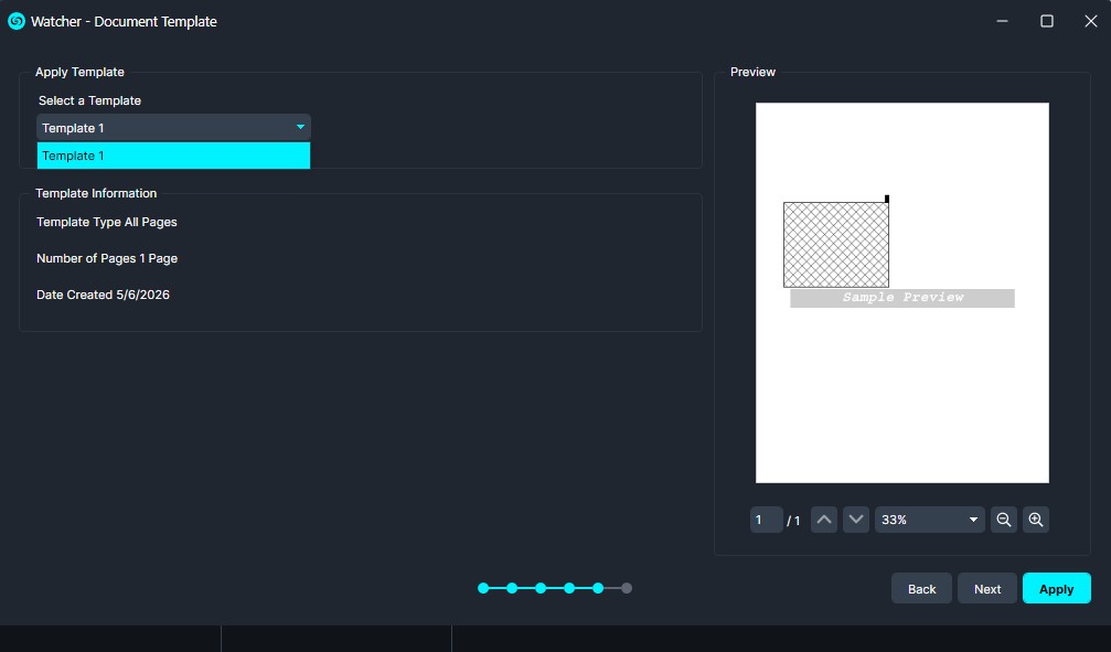 Template1 | CaseGuard Dialog for applying a document template with a dropdown to select Template 1 and a preview pane on the right.