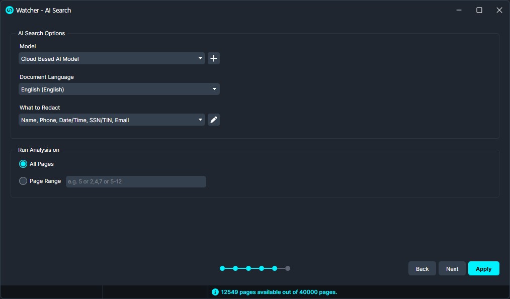 AI Search options panel showing model, language, fields to redact (name, phone, date/time, SSN/TIN, email); run on all pages with navigation and a page-count footer.