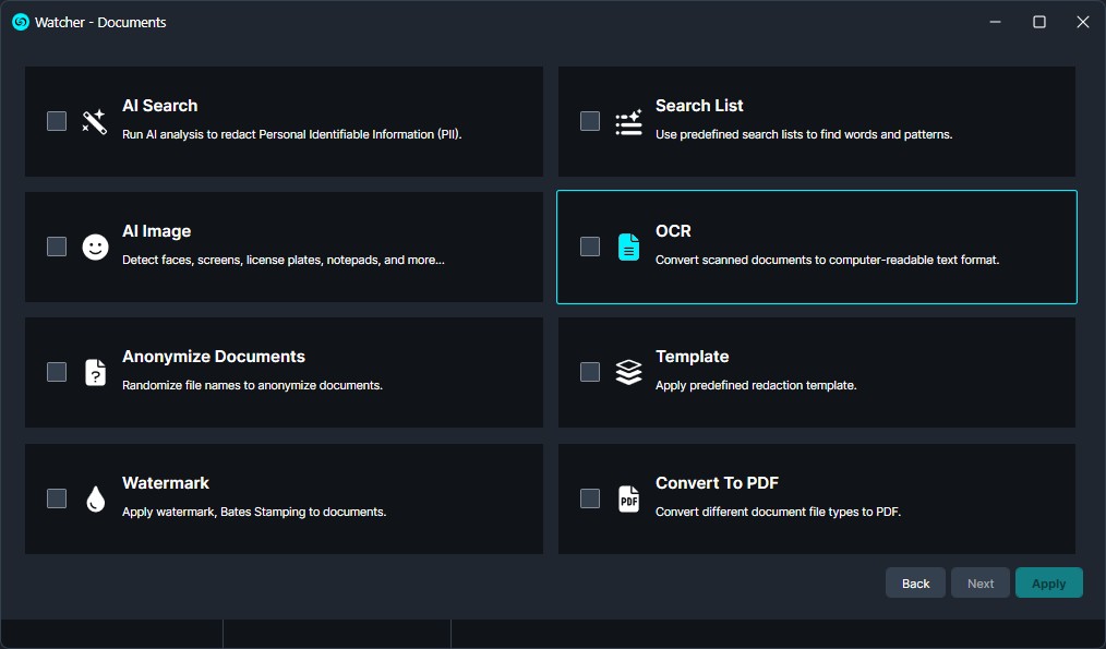 Watcher-OCR | CaseGuard Dashboard of document tools with tiles for AI Search, OCR, AI Image, watermark, and PDF conversion.
