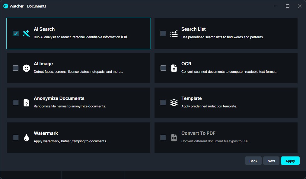 Watcher Documents dashboard with AI Search selected; shows tiles for AI Search, Search List, AI Image, OCR, Anonymize Documents, Watermark, Template, Convert To PDF, plus Back, Next, Apply buttons.
