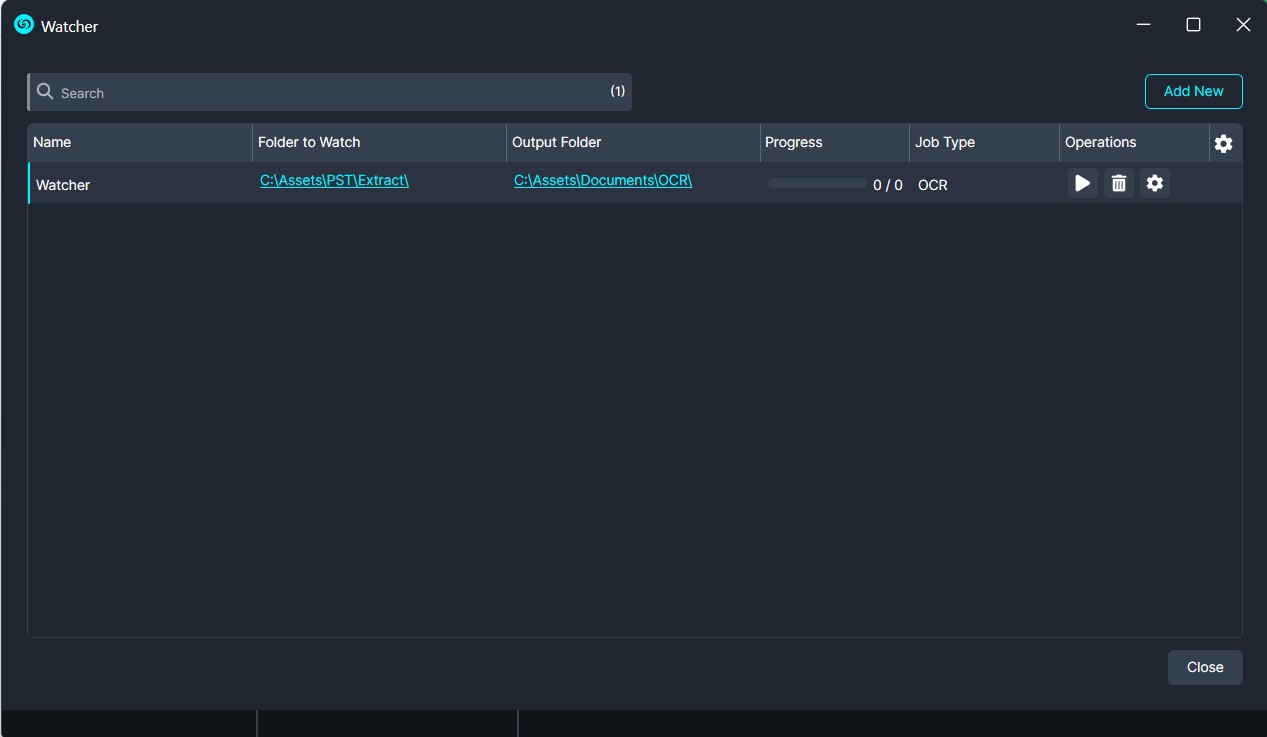 Watcher-Progress | CaseGuard Watcher app: a single OCR job named 'Watcher' with monitored and output folders shown, progress 0/0, and Run/Delete/Settings controls (dark theme)