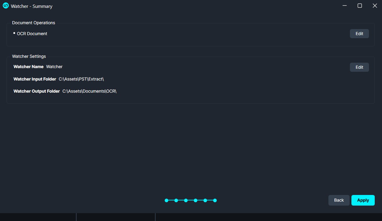Watcher-Summary | CaseGuard Watcher - Summary screen showing OCR Document operation and input/output folders with Edit and Apply options.