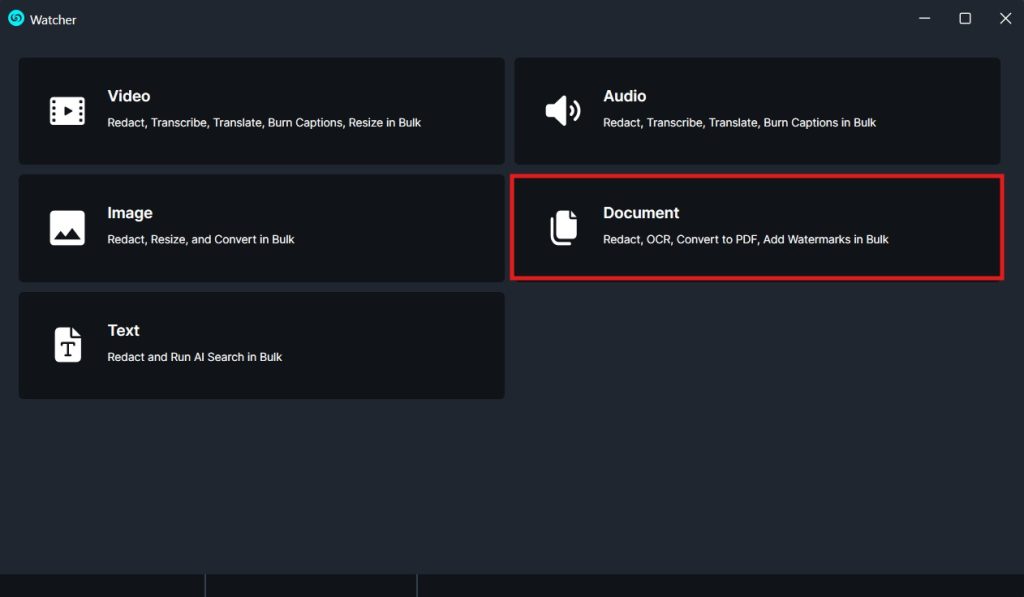 Dashboard with six options: Video, Audio, Image, Document (highlighted), Text; each tile shows an icon and a short description.