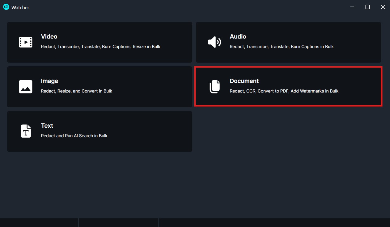 Watcher-document | CaseGuard Dashboard with six options: Video, Audio, Image, Document (highlighted), Text; each tile shows an icon and a short description.