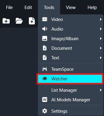 Dropdown menu under View listing options: Video, Audio, Image/Album, Document, Text, TeamSpace, Watcher (highlighted), List Manager, AI Models Manager, Settings.