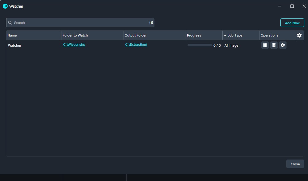 Dark theme application window showing a Watcher task with folders to monitor and output, progress at 0/0, and actions on the right.