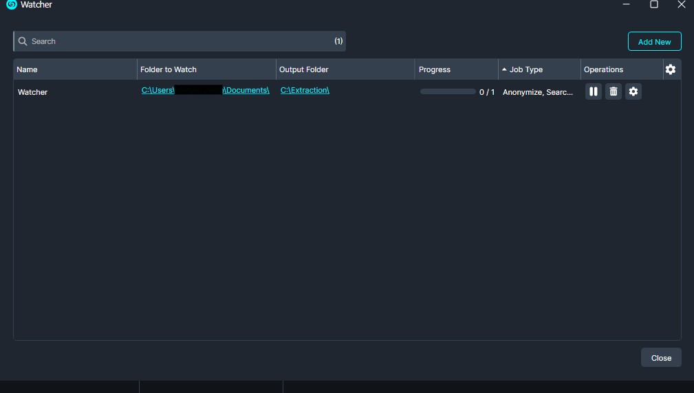 Screenshot of a dark Watcher app with one task named 'Watcher', showing folders to watch and output, progress, and operations. A Search bar and Add New button are at the top.