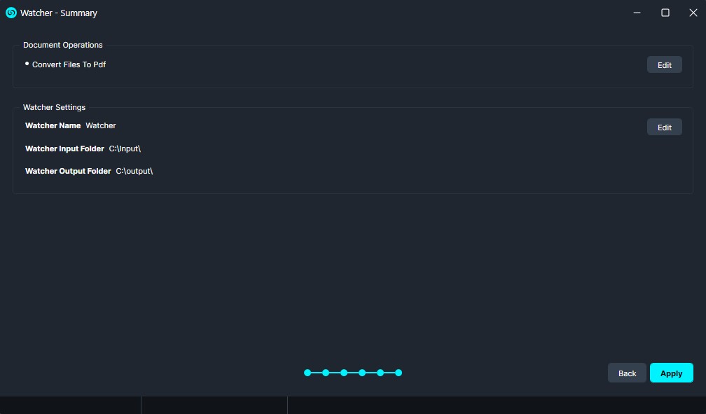 Screenshot of a 'Watcher - Summary' settings page showing Document Operations with 'Convert Files To Pdf' and an Edit button, plus Watcher Settings details (Name, Input Folder C:Input, Output Folder C:Output) and navigation buttons at bottom.