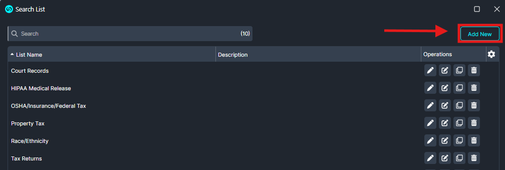 UI showing a list-management screen with an Add New button (highlighted) in the top-right; items include Court Records, HIPAA Medical Release, OSHA/Taxes, Property Tax, Race/Ethnicity, Tax Returns.