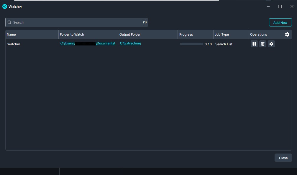 search-list-summary | CaseGuard Screenshot of the Watcher app with a dark UI showing one watch job named 'Watcher'; shows folders to watch, an output folder, a 0% progress bar, and operation icons in the rightmost column.