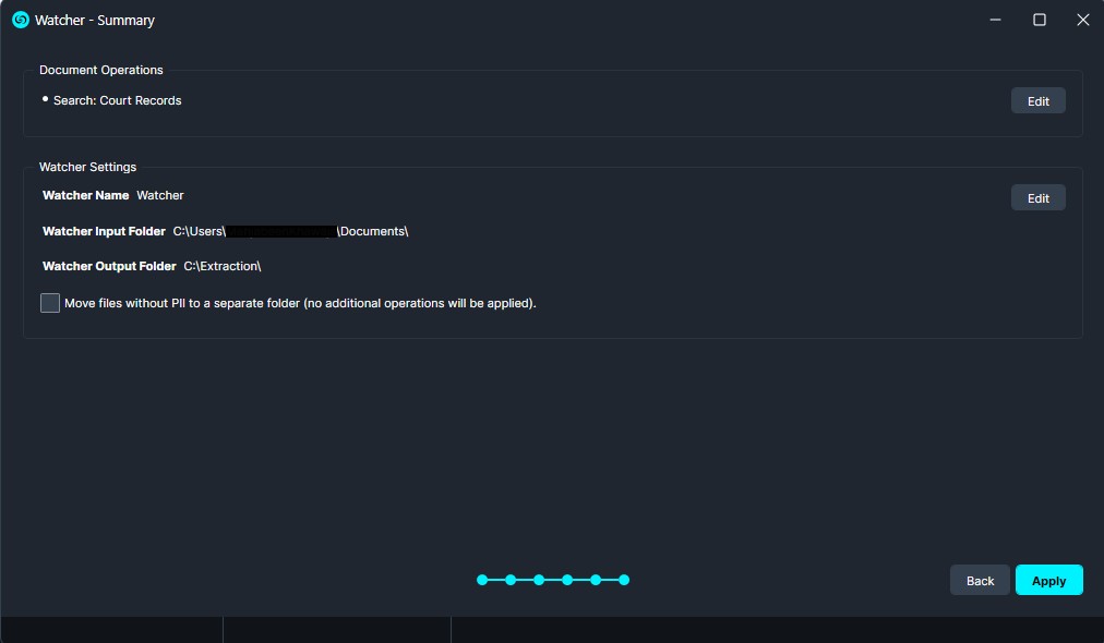 search-list-watcher | CaseGuard Settings screen of Watcher app showing document operations, watcher name, input and output folders, and an Apply button on a dark UI theme.