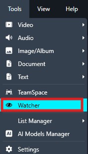 watcher | CaseGuard Vertical software menu with items like Video, Audio, Image/Album, Document, Text, TeamSpace, and Watcher (highlighted). Noting Watcher is selected with an eye icon beside it.