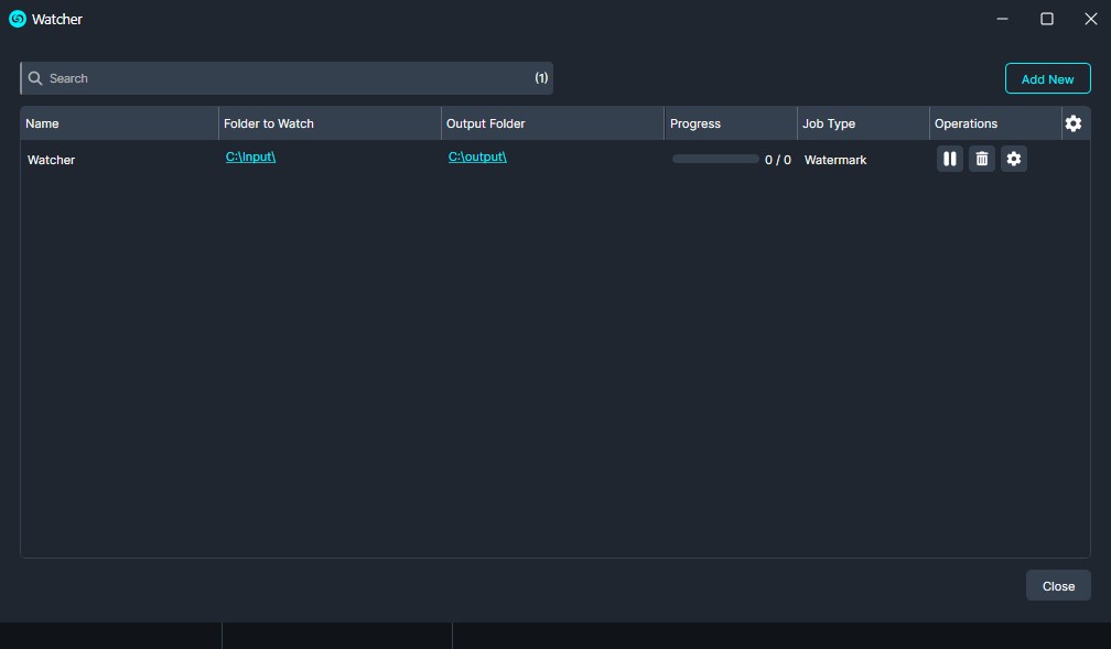 Watcher app window showing a single task named 'Watcher' with input/output folders and a progress bar (0/0)