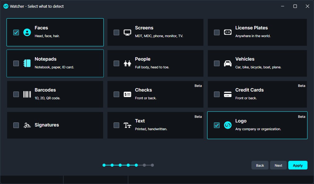 Software screen for choosing what to detect; a grid of categories (Faces, Screens, License Plates, Notepads, People, Vehicles, Barcodes, Checks, Credit Cards, Signatures, Text, Logo); Faces and Logo are selected.