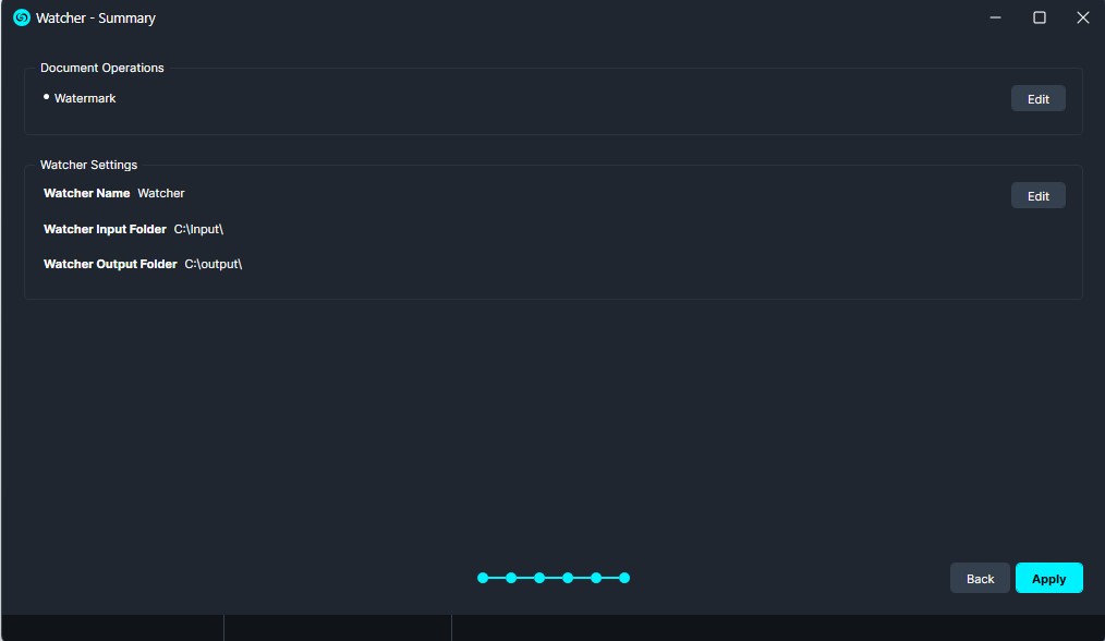 Screenshot of Watcher app: Document Operations with Watermark and Watcher Settings showing folder paths and an Apply button.