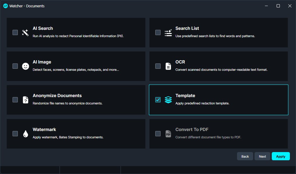watcher-template | CaseGuard Watcher Documents dashboard showing action tiles: AI Search, AI Image, OCR, Anonymize, Watermark, Template selected, and Convert to PDF options with navigation buttons