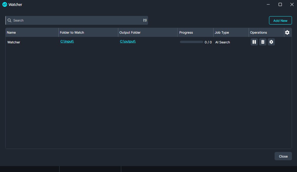 Dark UI window titled Watcher showing one watch task with folders C:Input and C:Output and a 0/0 progress bar