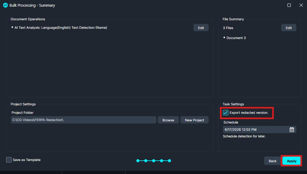Bulk-Summary | CaseGuard Bulk Processing - Summary screen showing AI Text Analysis options, file list, project folder path, and Export redacted version checkbox with Apply highlighted in the lower-right corner.