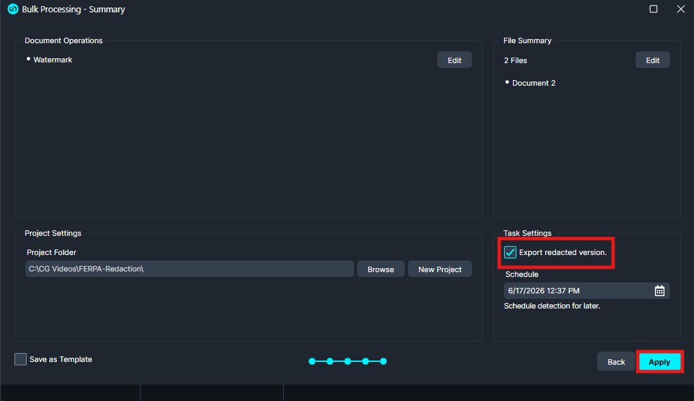 Bulk Processing - Summary dialog with Watermark option, two-file list, project folder path, 'Export redacted version' checked, and Apply button highlighted.