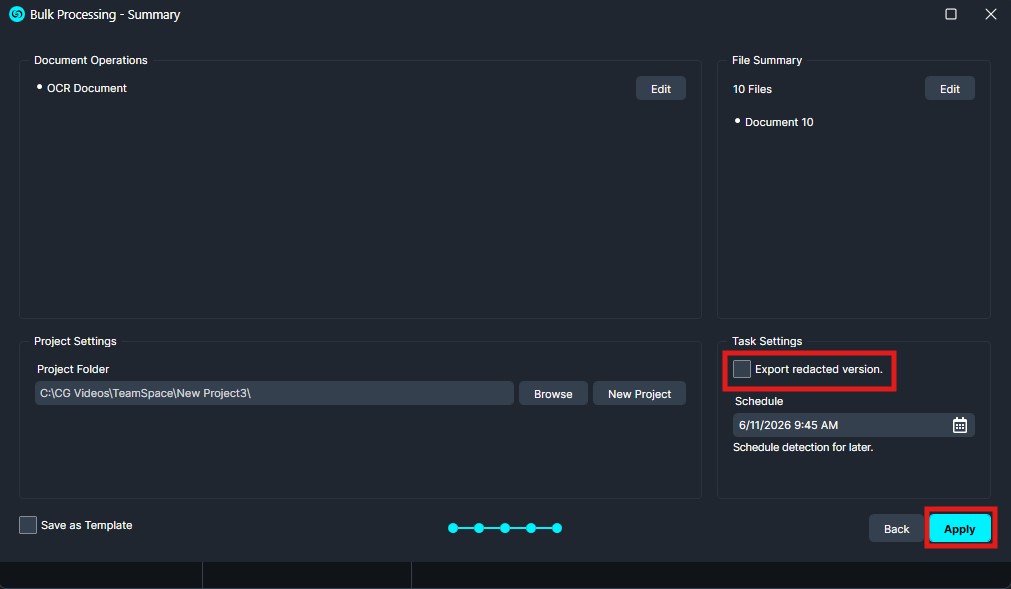Bulk Processing - Summary screen showing Document Operations, File Summary, Project Settings, and Task Settings with 'Export redacted version' option and an Apply button highlighted.