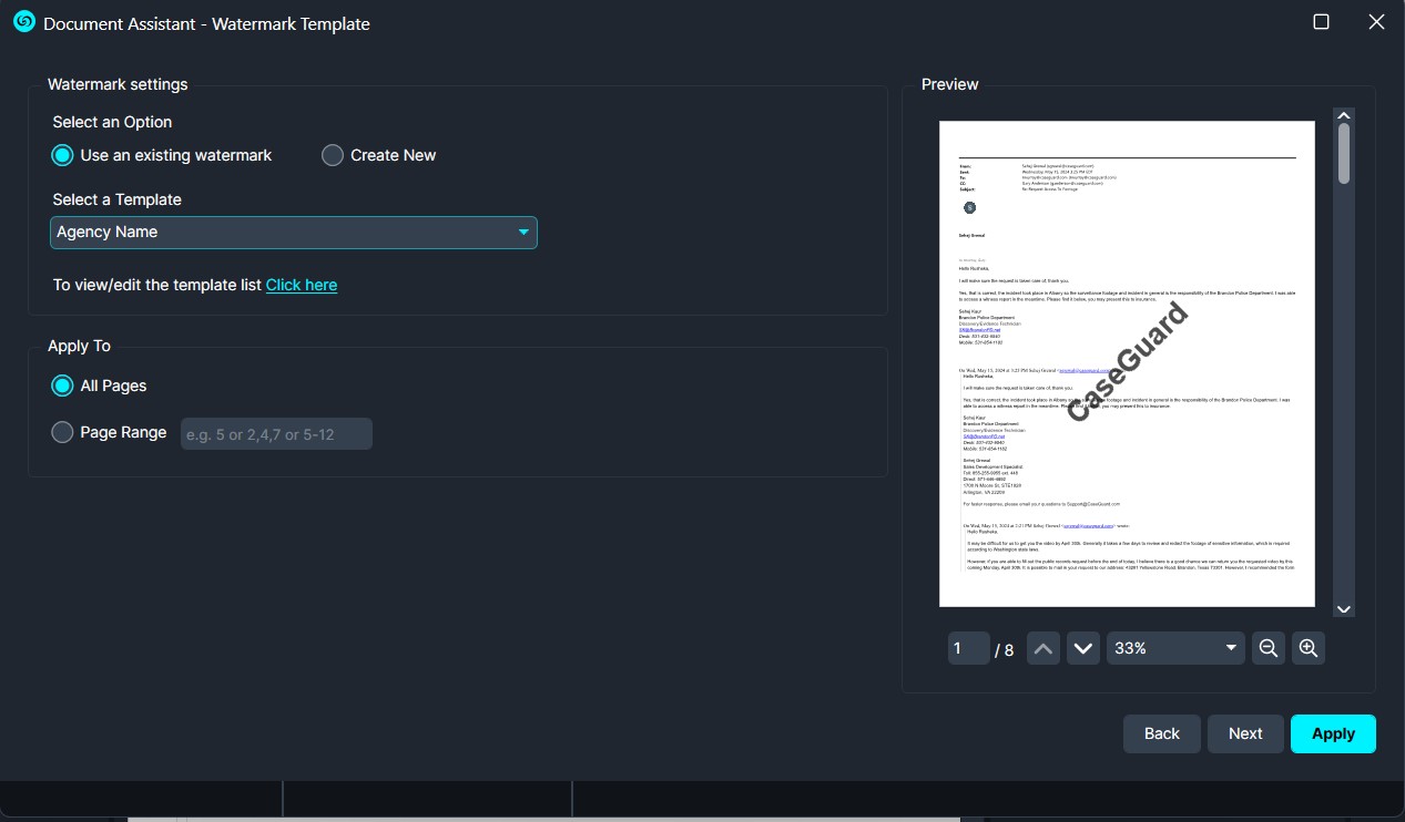 Dialog for watermark template: choose existing watermark, select template 'Agency Name', apply to all pages; preview shows a document with a diagonal 'CaseGuard' watermark.