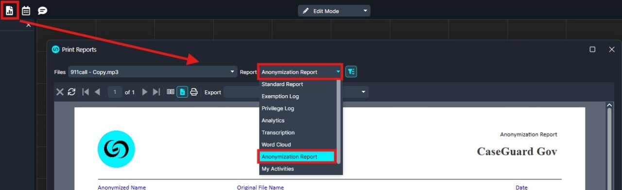 Screenshot of a software Print Reports dialog; 'Anonymization Report' is selected from the report type dropdown.