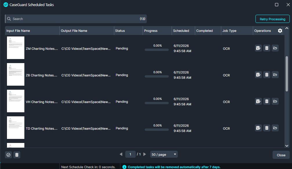 CaseGuard Scheduled Tasks window showing OCR jobs with input/output filenames, status Pending, and progress bars (four entries).