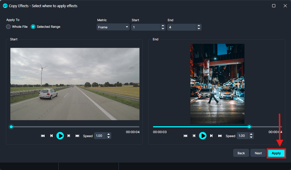 UI for applying video effects: left panel shows start frame of a highway scene, right panel shows end frame of a city street; Apply button highlighted in bottom-right.