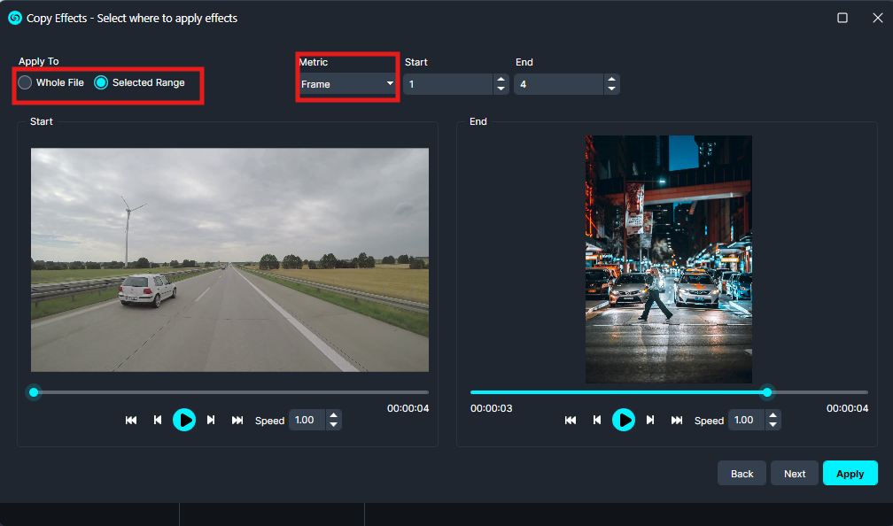 UI for applying effects between frames; left preview shows a highway scene, right preview shows a city street; Start/End and controls visible.