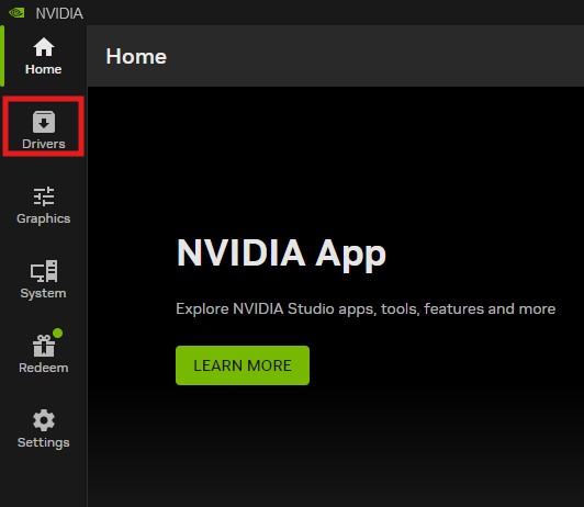 NVIDIA app UI with a vertical left navigation bar; the Drivers tab is highlighted in red.