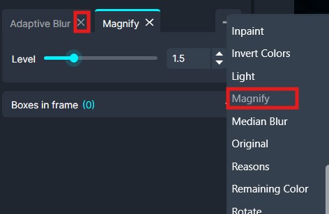 Effects | CaseGuard Screenshot of an image editor UI showing an effects dropdown with Magnify highlighted; controls include a Level slider (set around 1.5) and a 'Boxes in frame' indicator (0).