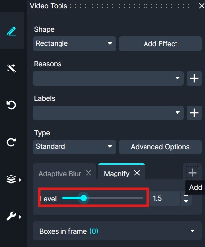 Intensity-Level | CaseGuard Video editing tool: Magnify effect settings with a Rectangle shape, Level slider set near 1.5, and tabs for Adaptive Blur and Magnify visible on a dark UI.
