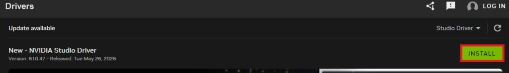 NVIDIA Studio Driver update page with an 'INSTALL' button highlighted in green on the right side of a dark interface.
