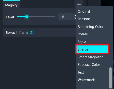 Sharpen | CaseGuard Photo editing UI with a Sharpen filter selected; level slider set to 1.5 and 'Boxes in frame (1)' visible.