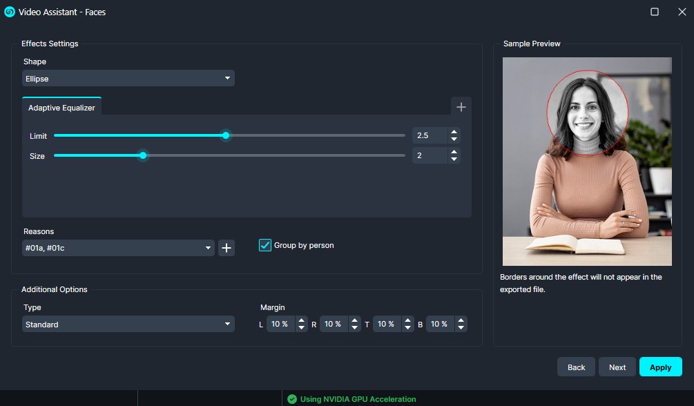 Adaptive-Equalizer | CaseGuard Screenshot of Video Assistant – Faces settings: ellipse shape, adaptive equalizer, face size/limit sliders, group by person, sample preview with a circled face. (UI panel)