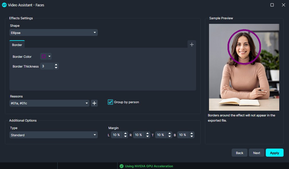 Border | CaseGuard Settings panel for Video Assistant – Faces; an ellipse border around the person’s face in the sample preview.