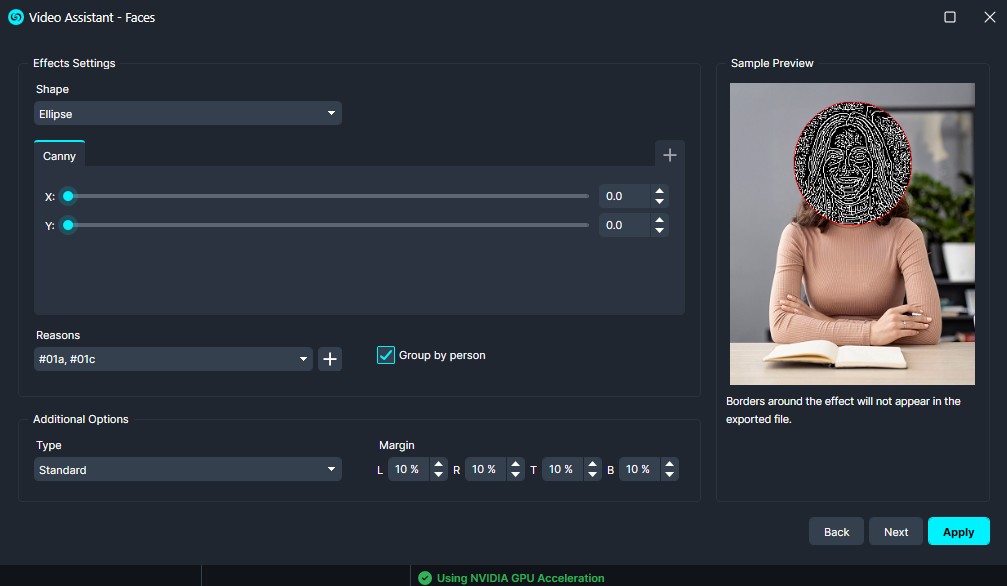 Canny | CaseGuard Video Assistant – Faces settings: ellipse shape selected, position sliders at 0,0, reasons filter chosen, sample preview shows circular mask over the person’s face, Apply button visible at bottom right.