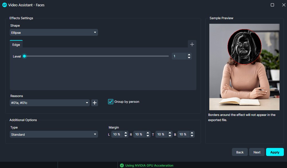 Edge | CaseGuard Video Assistant - Faces settings: Ellipse mask with edge level slider; reasons selector; 'Group by person' checked; additional options for margin; sample preview shows a person with a red ellipse around the face.