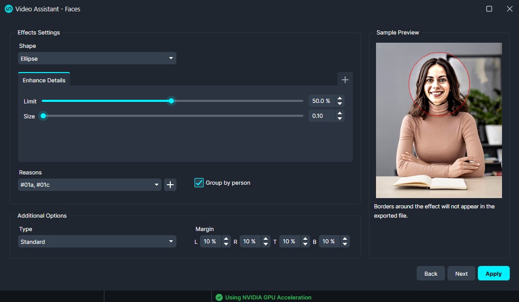 Enhance Details | CaseGuard Video Editor UI for facial effects: ellipse highlight with Enhance Details sliders and a sample preview showing a woman with a red circular mask around her face.